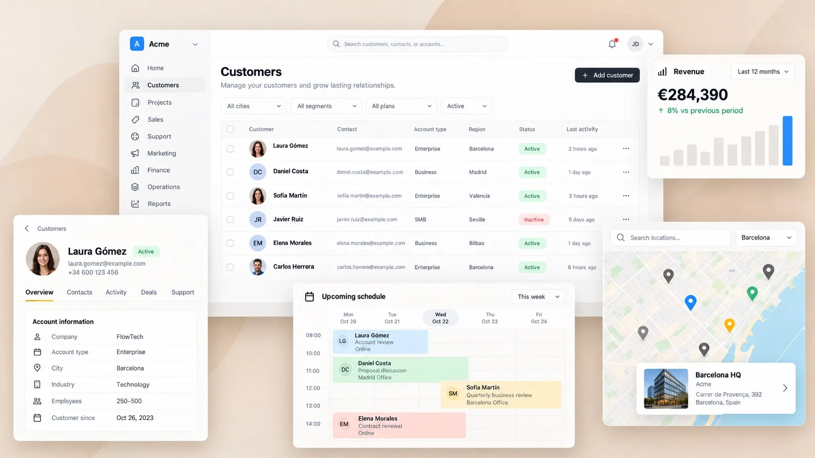 Customer list with filters, a customer profile card, weekly schedule and locations map