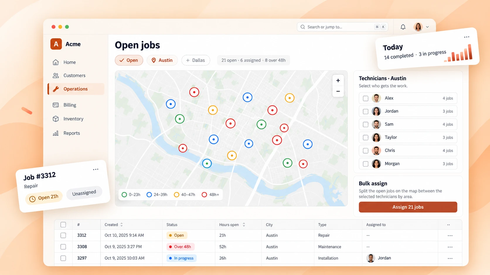 Operations map: open jobs placed on a city map, colored by urgency, with a team assignment panel